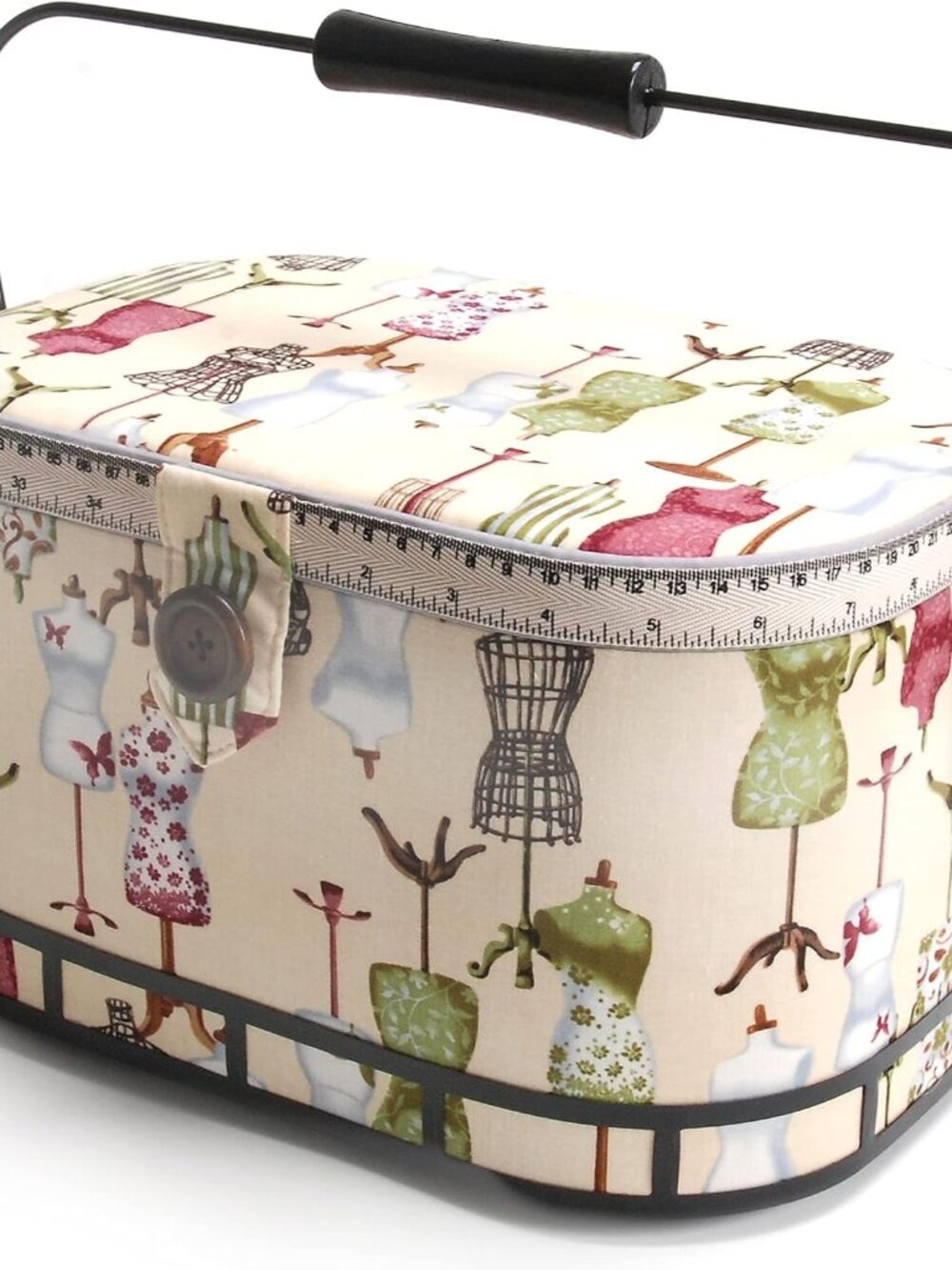 Large Oval Sewing Basket with Metal Handle, Vintage Dress Form Print